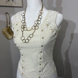 White Miss Me Women’s Rhinestone Cream Sleeveless Top with Gold Accents